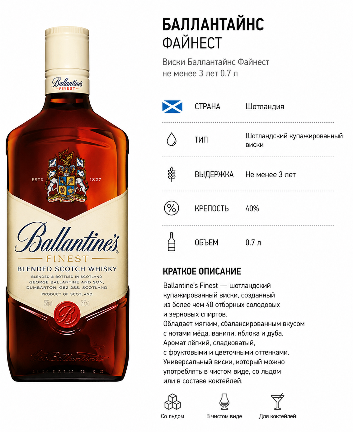 Виски Баллантайнс Файнест не менее 3 лет 0.7 л
